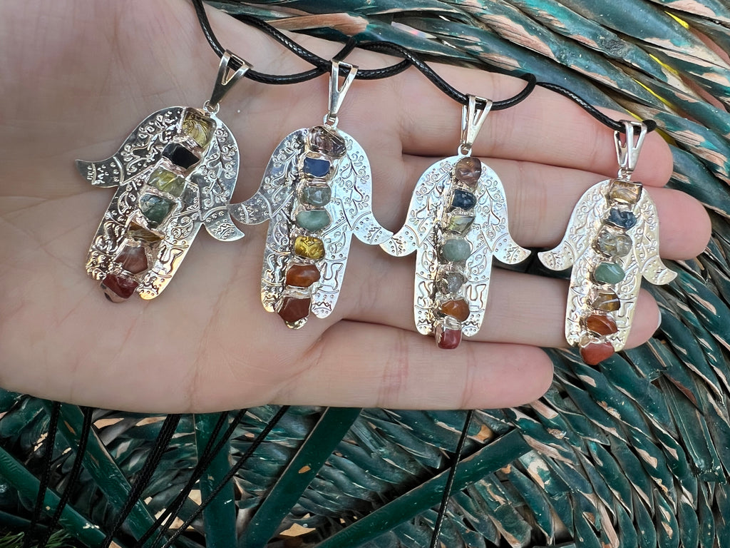 Seven Chakra Genuine Gemstone Hamsa Necklace | Silver-Tone Hand Pendant | Protection, Good Luck & Balance