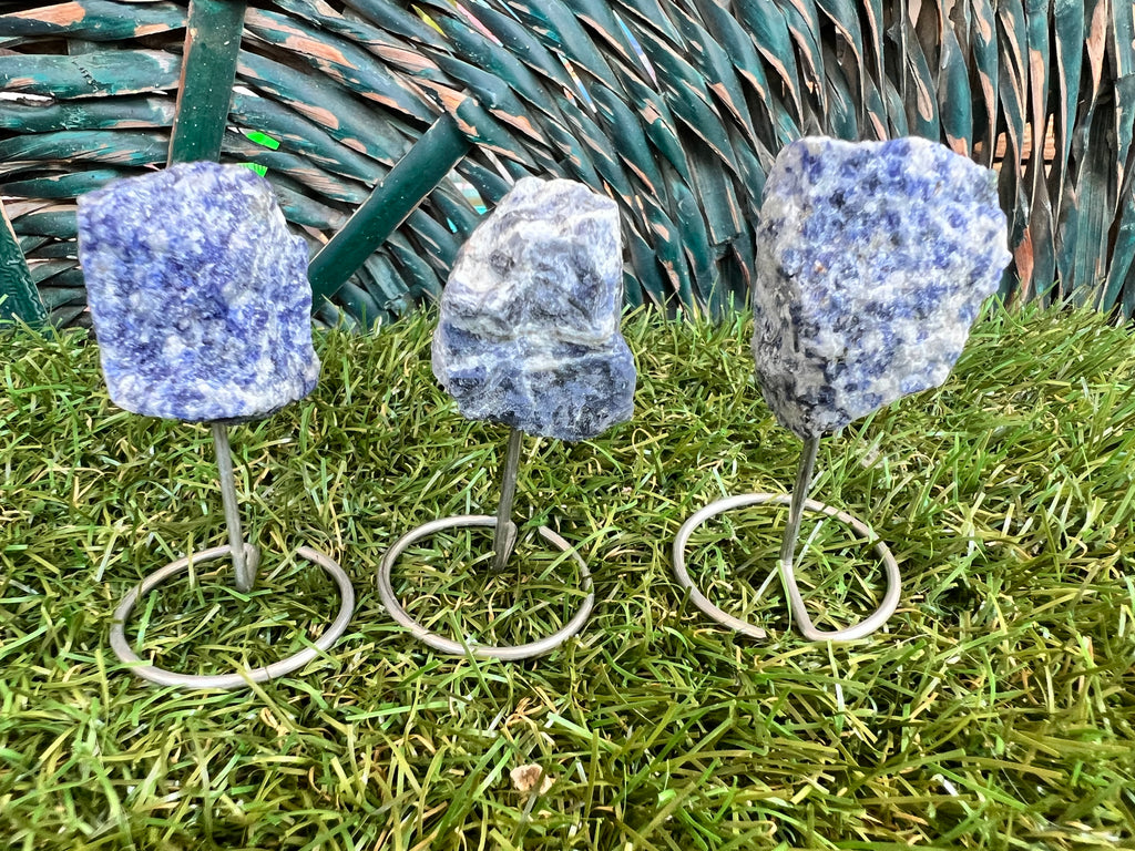 Natural Raw Sodalite Crystal Display with Metal Stand | Communication, Intuition & Clarity | Approx. 8 cm
