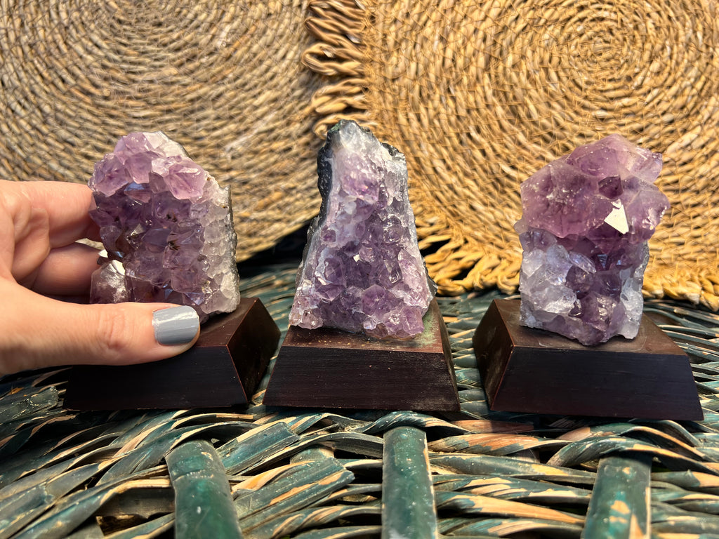 Natural Amethyst Cluster on Wooden Base