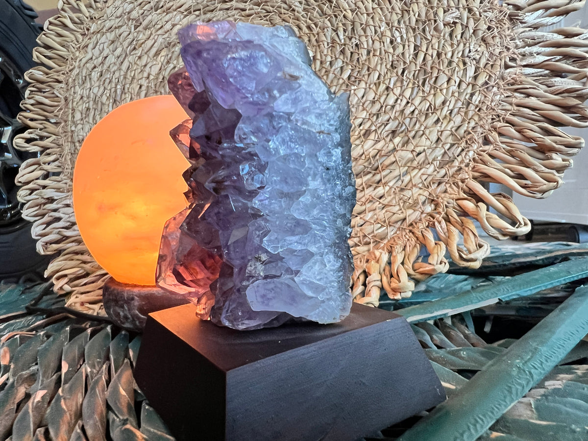 Natural Amethyst Cluster on Wooden Base