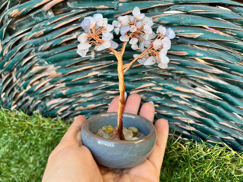 Natural Blue Agate Bonsai Tree with 7 Chakra Gemstone Base | Harmony, Communication & Balance