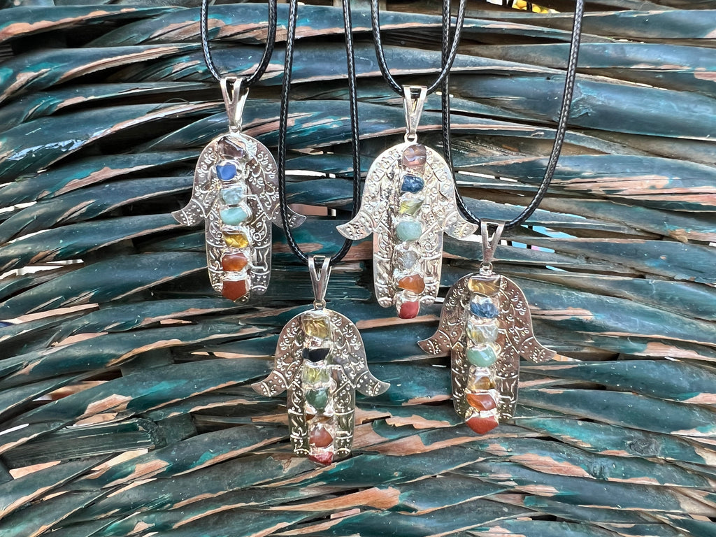 Seven Chakra Genuine Gemstone Hamsa Necklace | Silver-Tone Hand Pendant | Protection, Good Luck & Balance