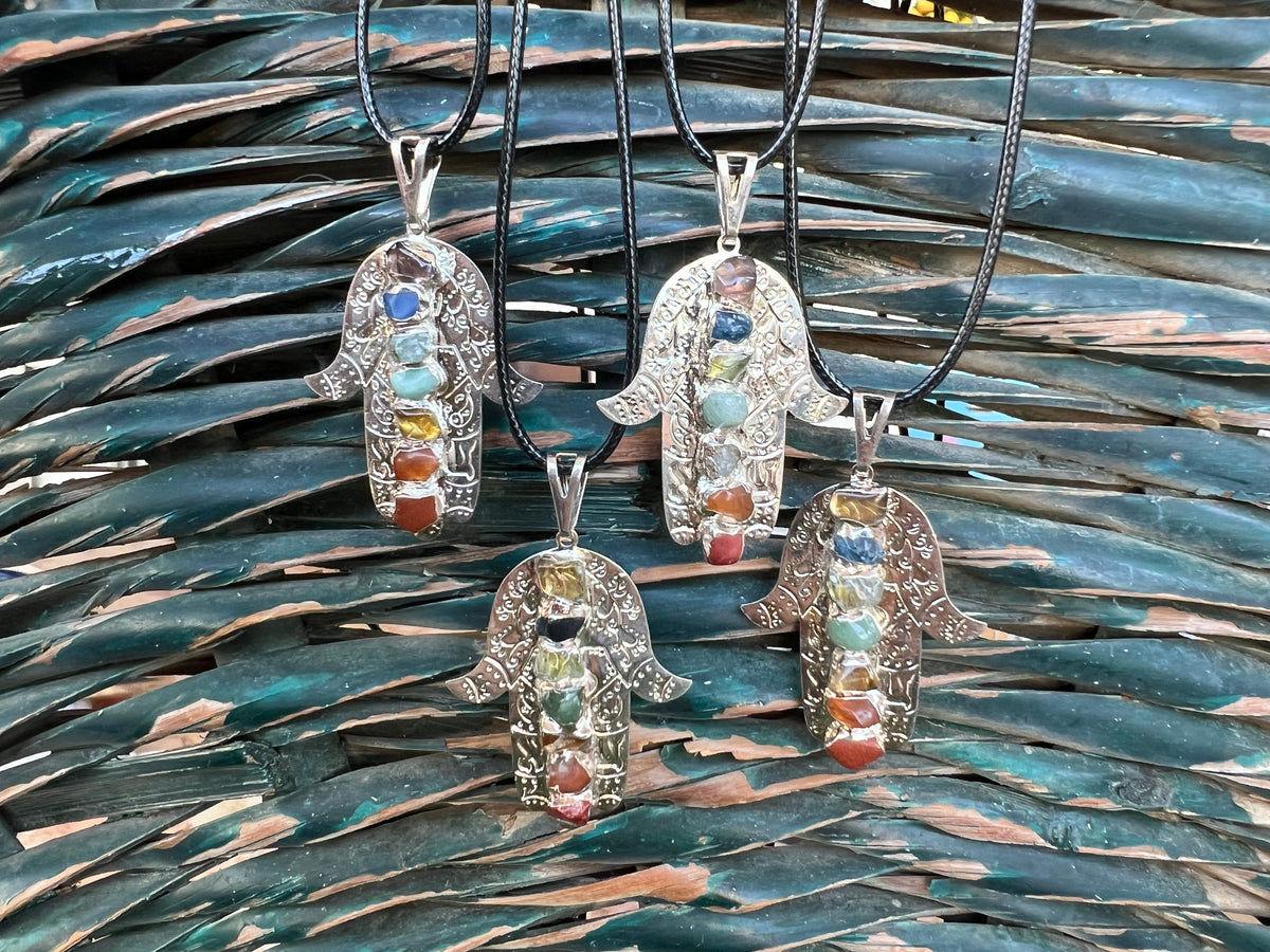 Seven Chakra Genuine Gemstone Hamsa Necklace | Silver-Tone Hand Pendant | Protection, Good Luck & Balance