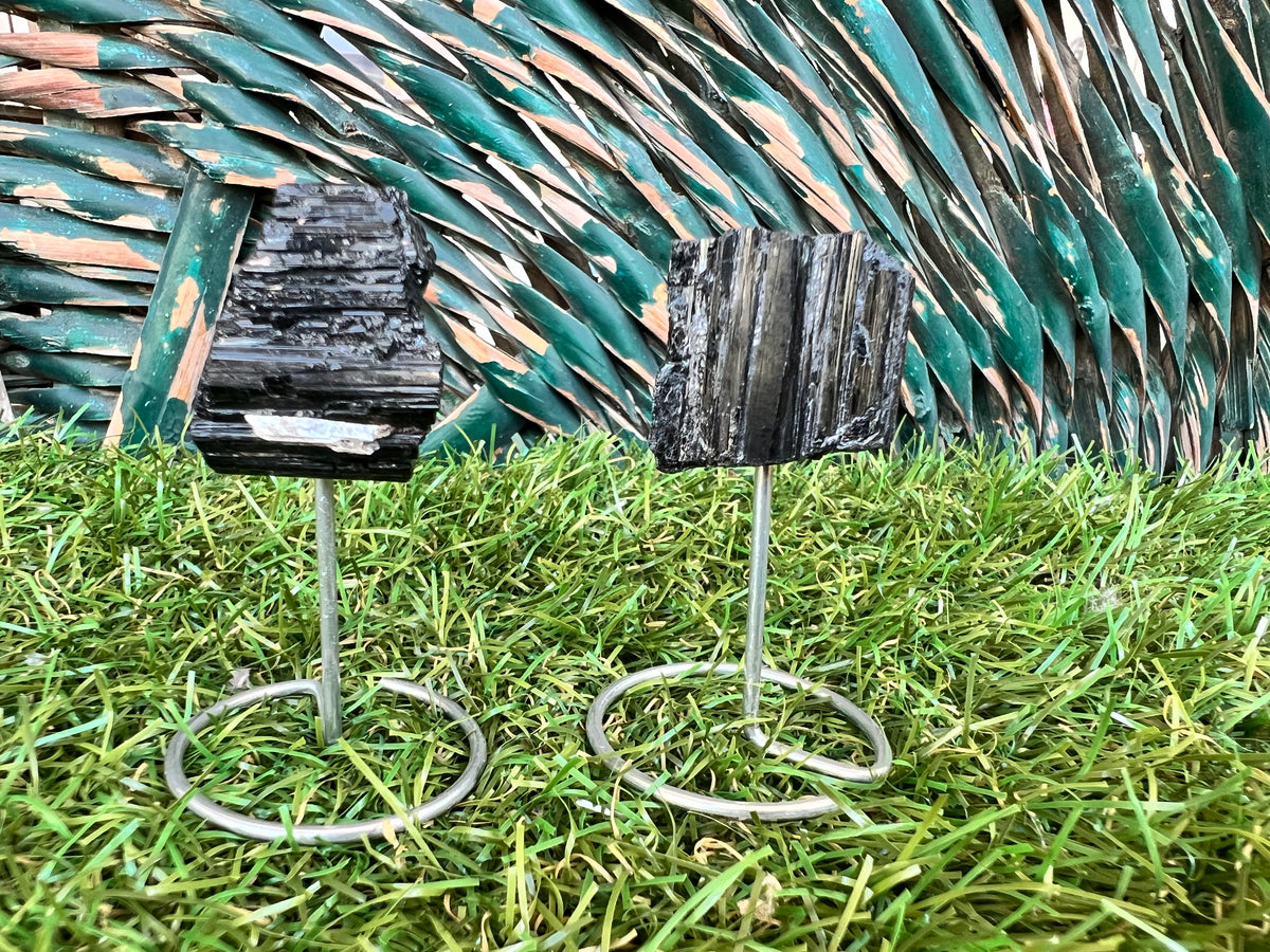 Natural Raw Black Tourmaline on Metal Stand | Crystal Display | Approx. 8 cm | Protection, Grounding & Energy Shielding