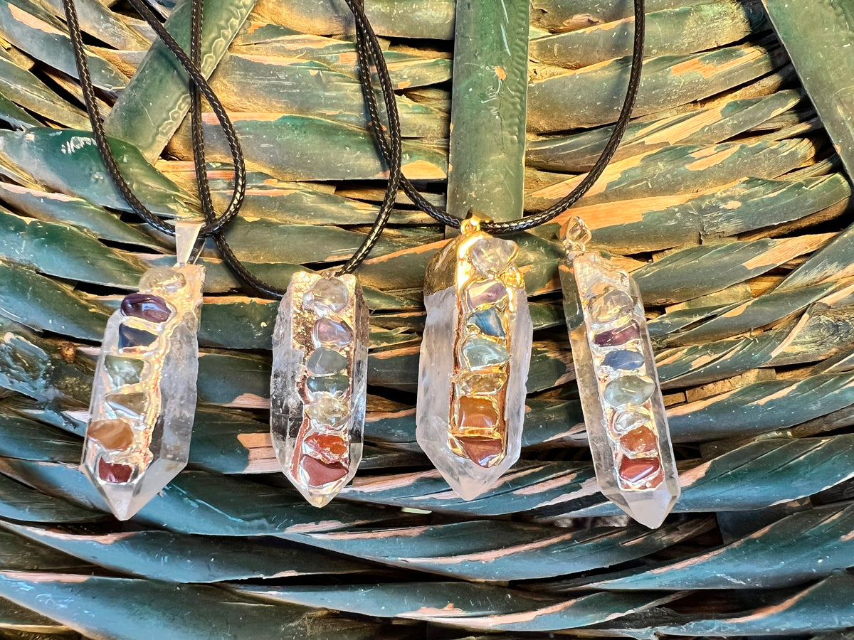 Natural Clear Quartz Point Necklace with 7 Chakra Stones
