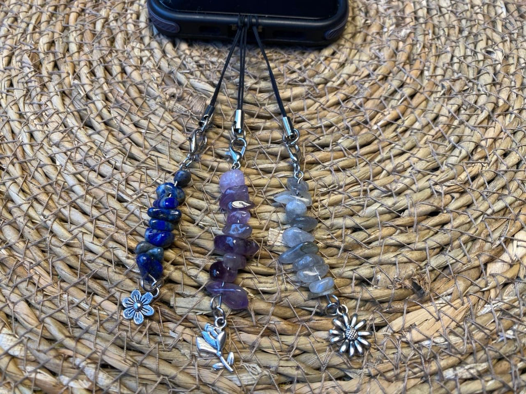 Natural Crystal Chip Phone Charm & Keychain – Genuine Gemstone Bag Charm