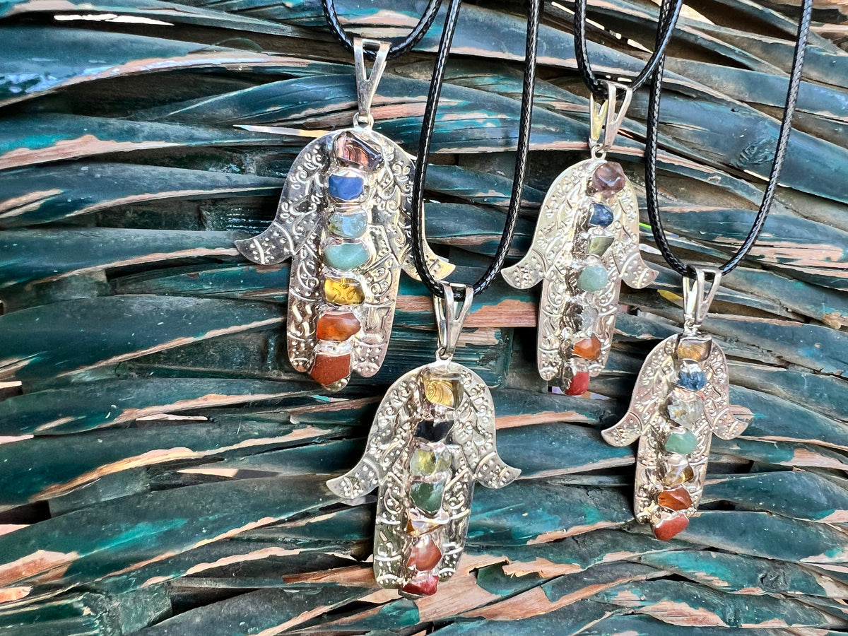 Seven Chakra Genuine Gemstone Hamsa Necklace | Silver-Tone Hand Pendant | Protection, Good Luck & Balance