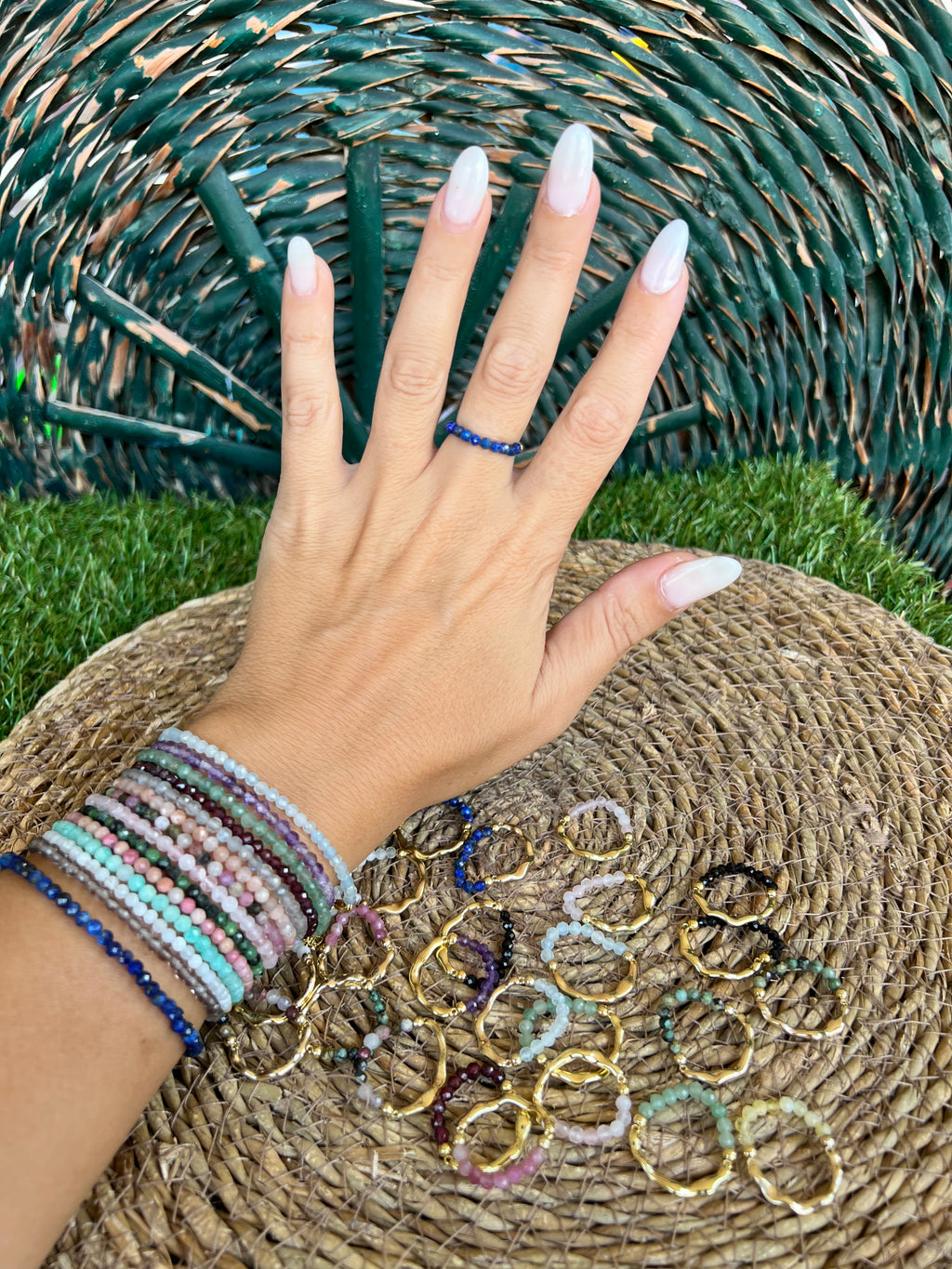 Natural Gemstone & Brass Elastic Ring – Faceted 3 mm Crystal Beads