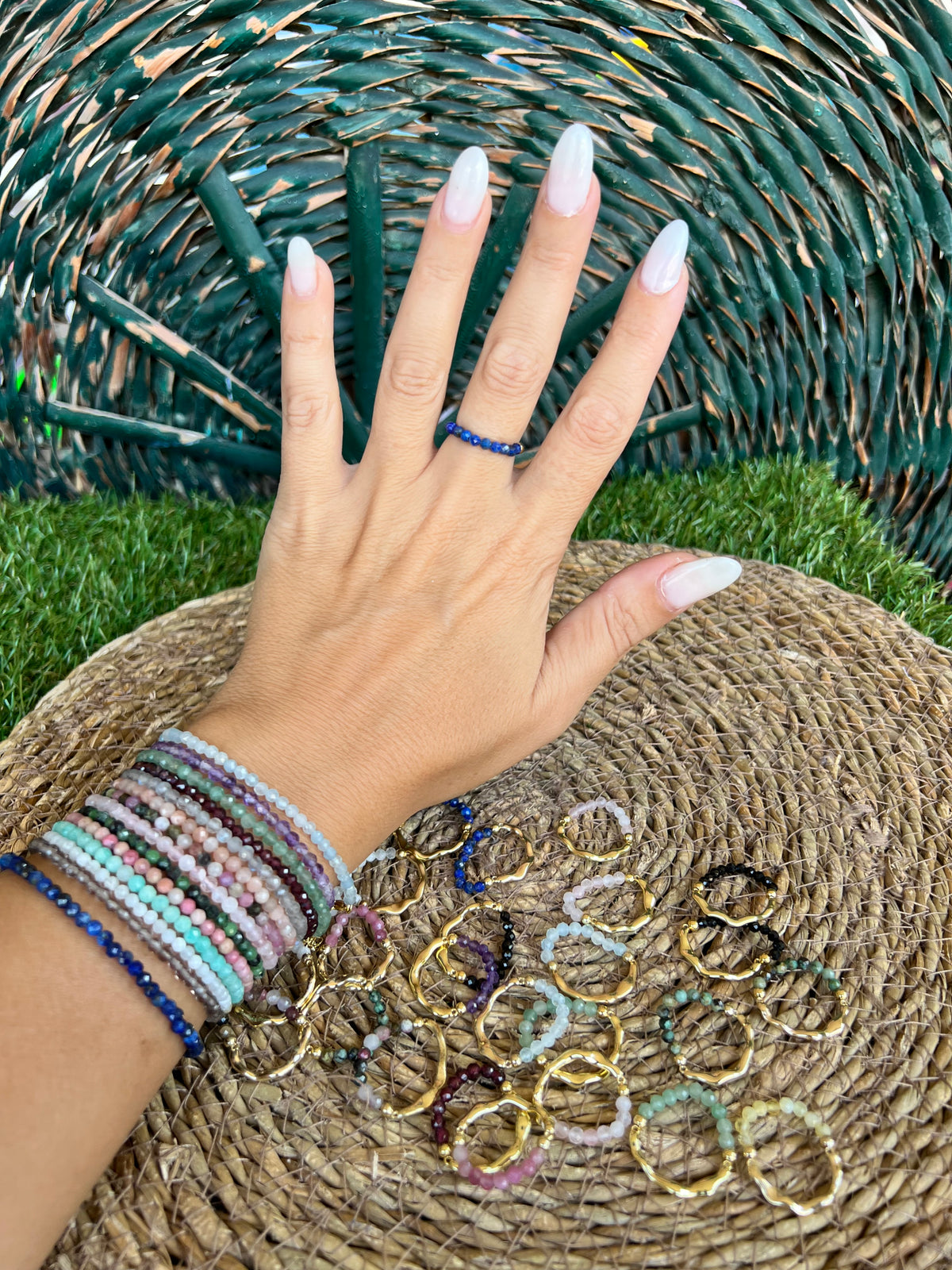Natural Gemstone & Brass Elastic Ring – Faceted 3 mm Crystal Beads