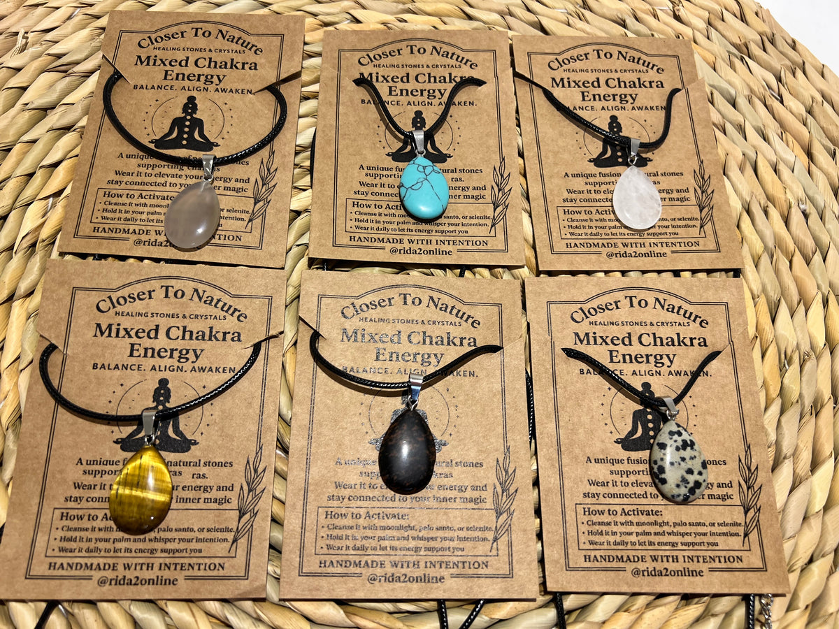 Natural Crystal Teardrop Pendant Necklace - Black Cord (Adjustable)