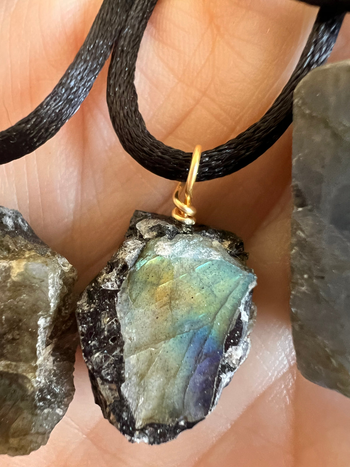 Natural Raw Labradorite Pendant Necklace – Adjustable Cord