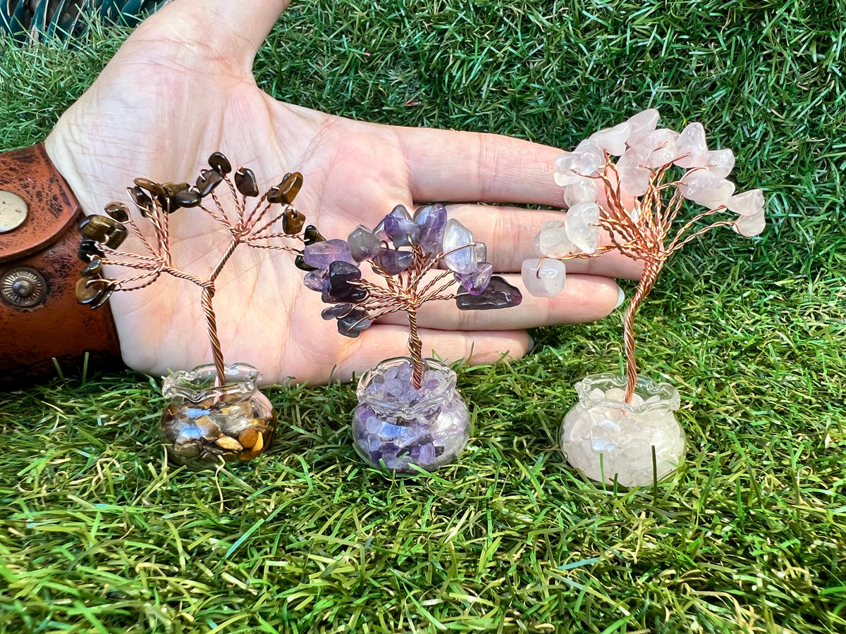 Mini Natural Crystal Tree in Glass Bowl | Rose Quartz, Amethyst & Tiger’s Eye | Handmade Gemstone Décor