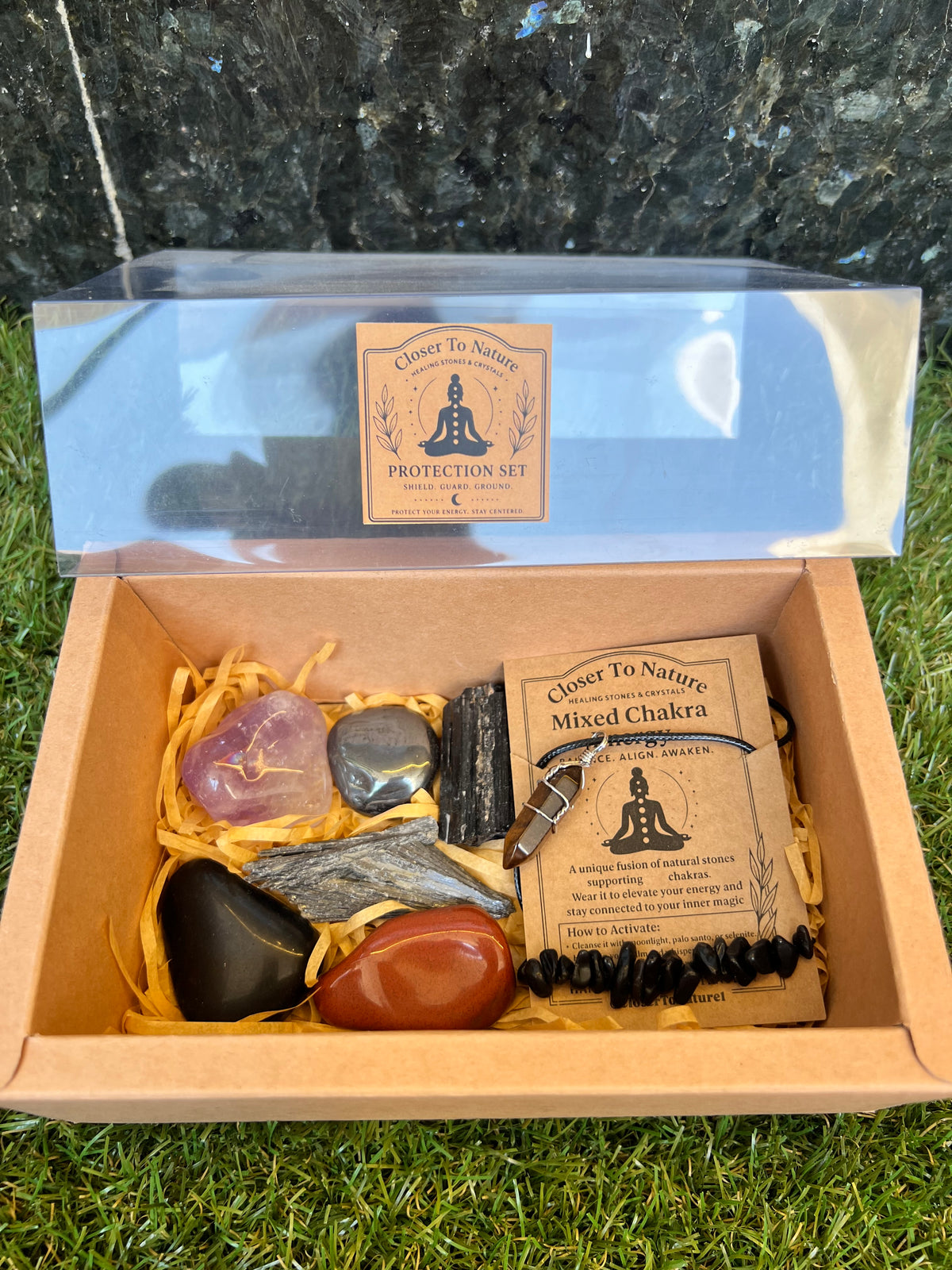 Protection Intention Crystal Gift Set | Natural Crystal Healing Box with Bracelet & Necklace