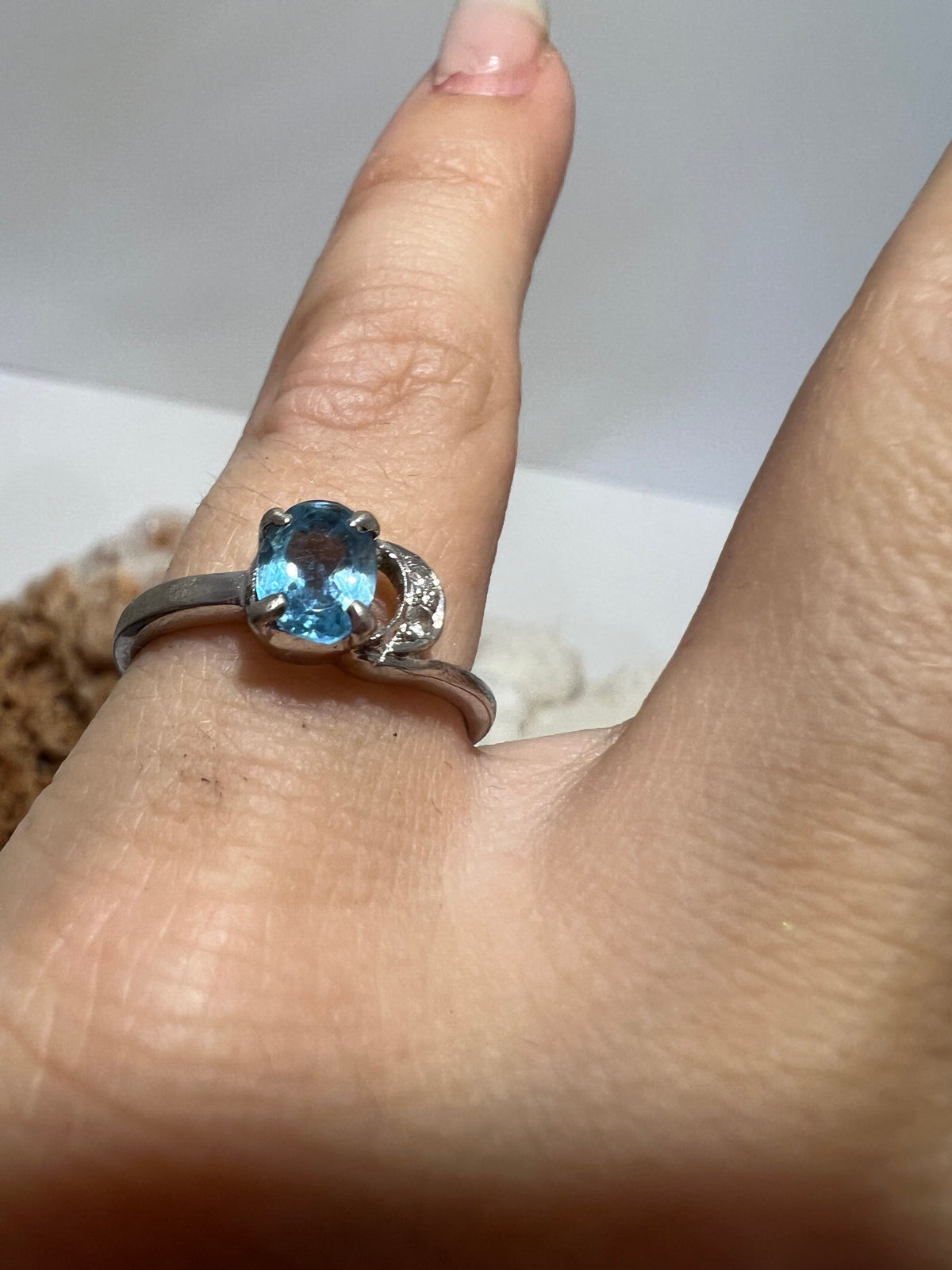 Genuine Natural Blue Topaz Crescent Moon Ring in 925 Sterling Silver
