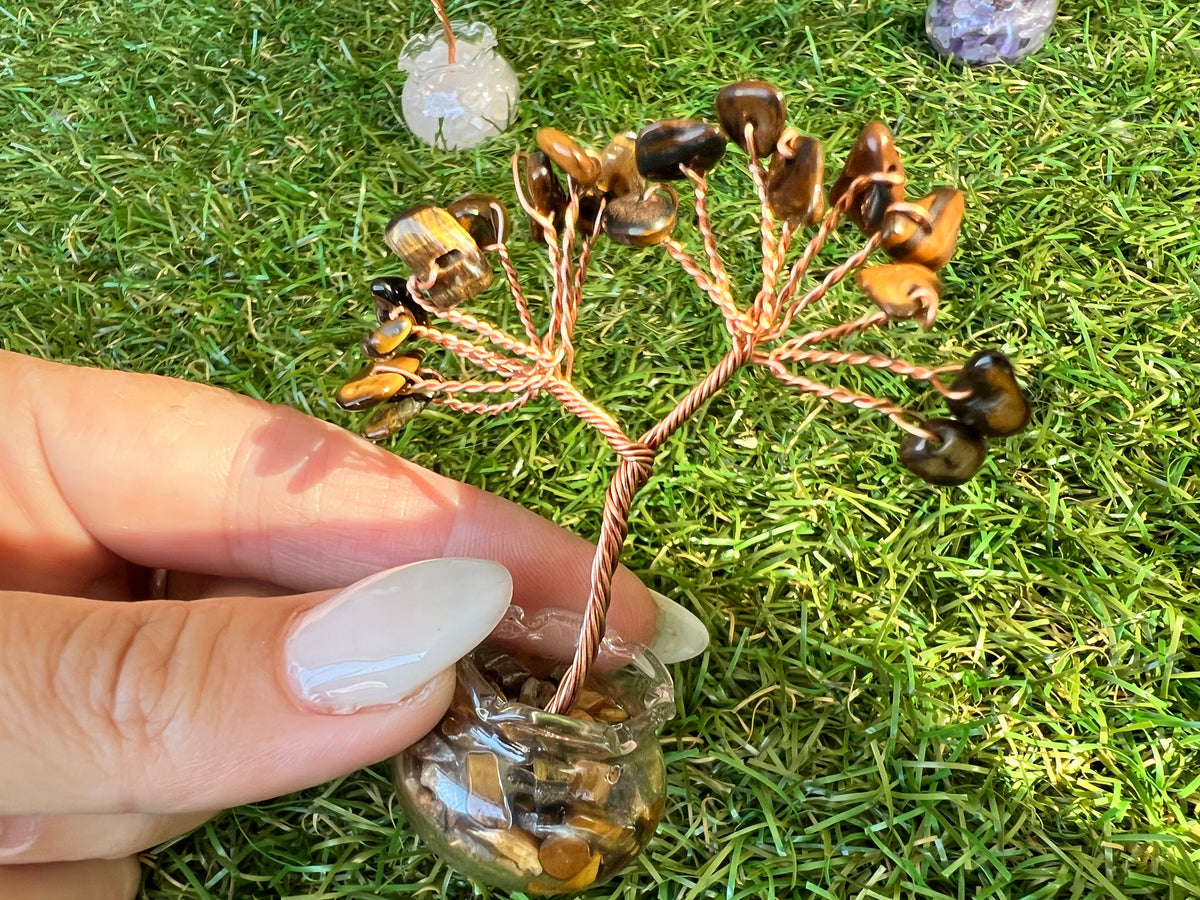 Mini Natural Crystal Tree in Glass Bowl | Rose Quartz, Amethyst & Tiger’s Eye | Handmade Gemstone Décor
