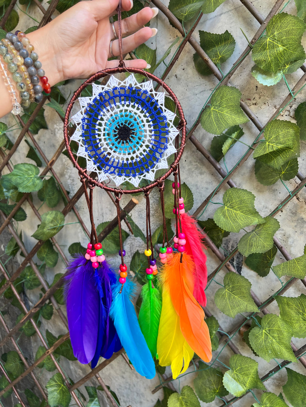 Rainbow Evil Eye Dream Catcher – Protection, Joy & Positive Energy | Multicolor Feathers