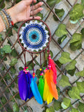 Rainbow Evil Eye Dream Catcher – Protection, Joy & Positive Energy | Multicolor Feathers