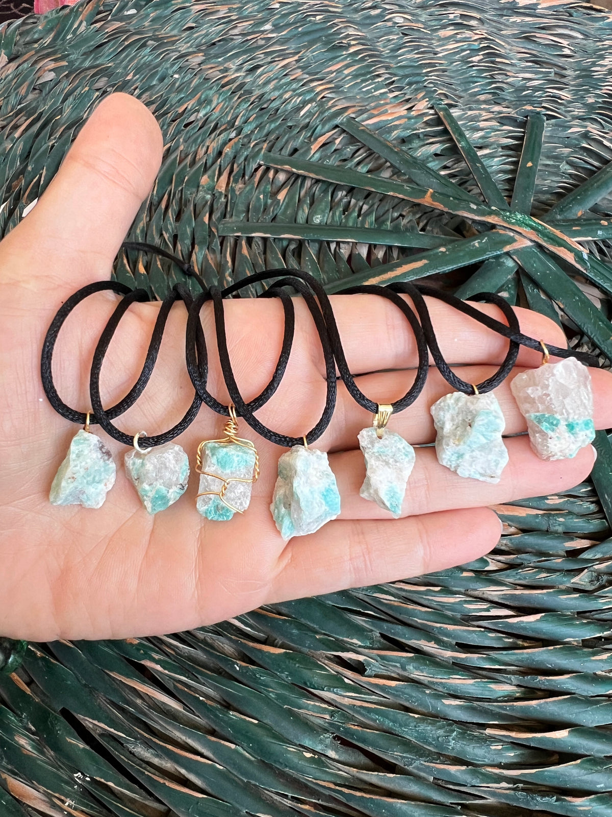 Natural Raw Amazonite Pendant Necklace – Adjustable Cord