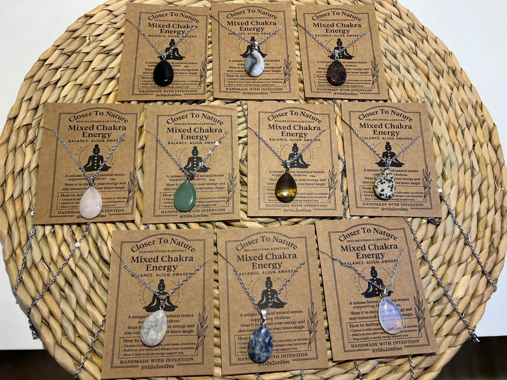 Natural Crystal Teardrop Pendant Necklace – Stainless Steel Chain