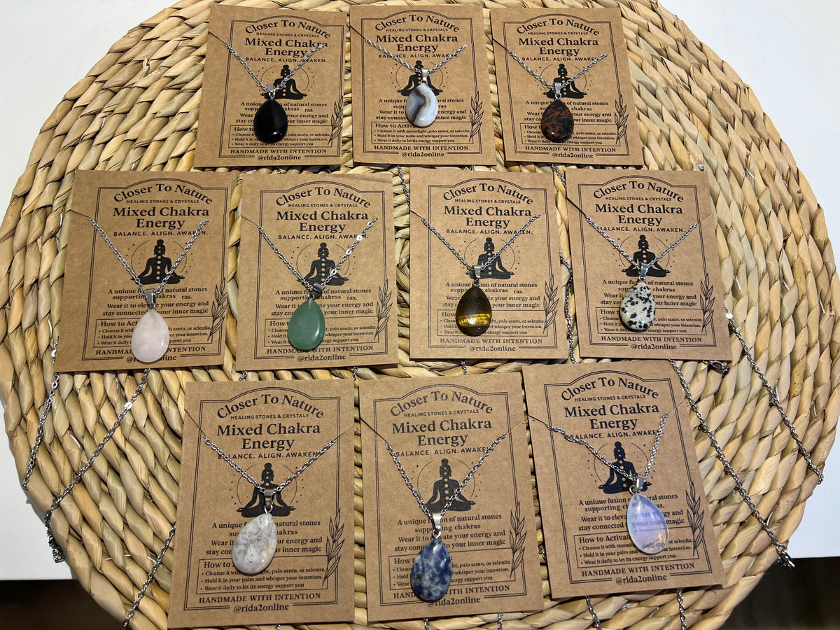 Natural Crystal Teardrop Pendant Necklace – Stainless Steel Chain
