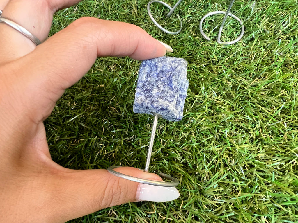 Natural Raw Sodalite Crystal Display with Metal Stand | Communication, Intuition & Clarity | Approx. 8 cm
