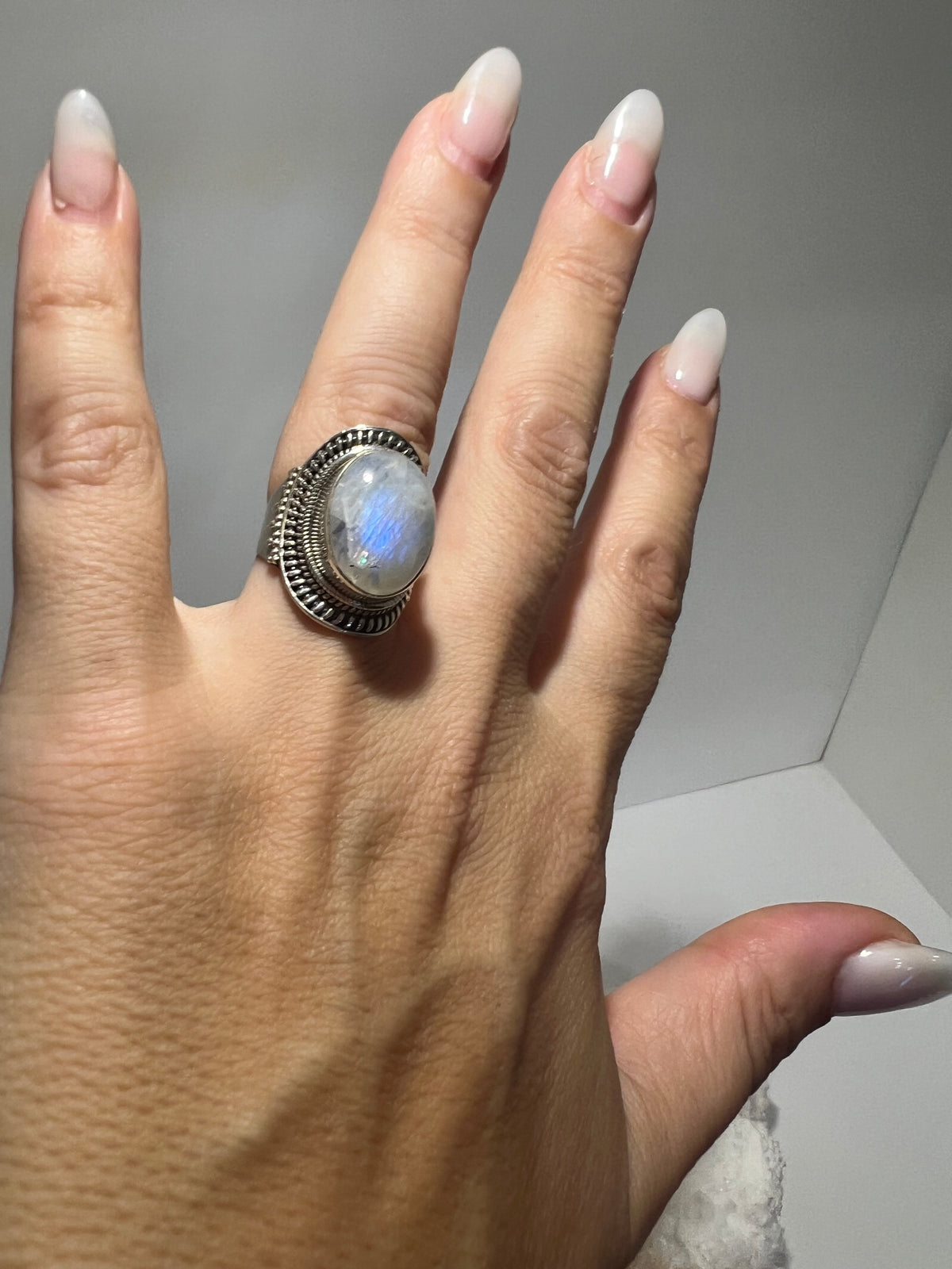 Natural Rainbow Moonstone Intuition Ring in 925 Italian Sterling Silver