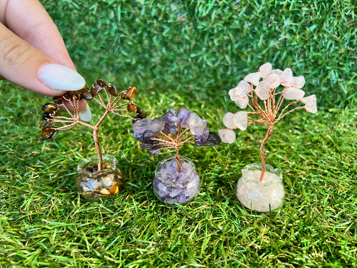 Mini Natural Crystal Tree in Glass Bowl | Rose Quartz, Amethyst & Tiger’s Eye | Handmade Gemstone Décor