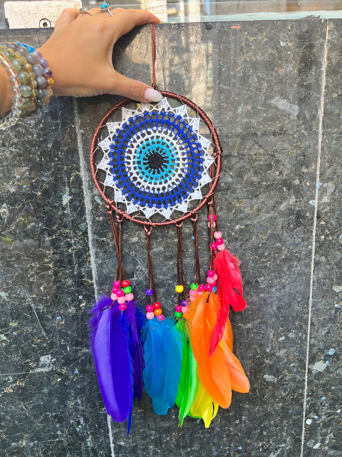 Rainbow Evil Eye Dream Catcher – Protection, Joy & Positive Energy | Multicolor Feathers