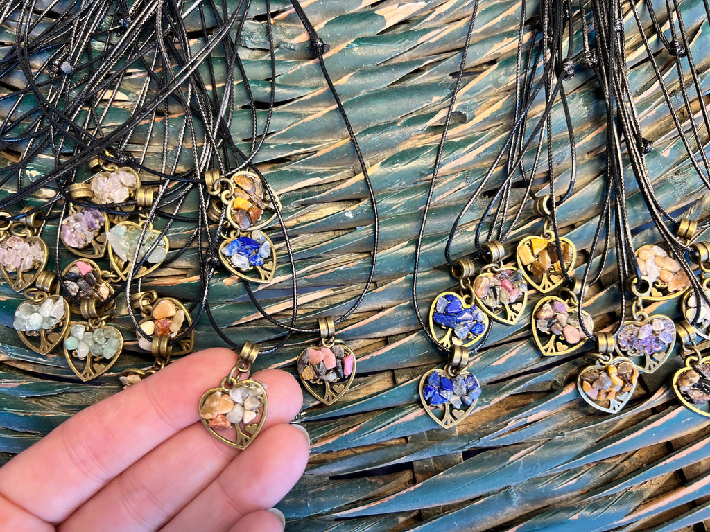 Mini Tree of Life Crystal Chip Heart Necklace