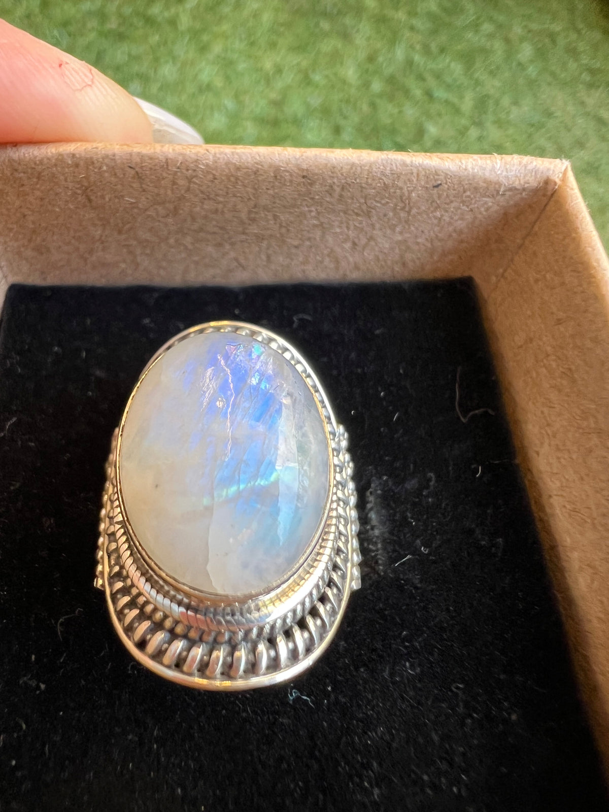 Natural Rainbow Moonstone Intuition Ring in 925 Italian Sterling Silver