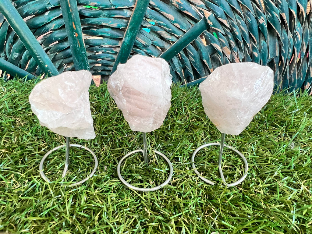 Natural Raw Rose Quartz on Metal Stand | Crystal Display | Approx. 8 cm | Love, Harmony & Emotional Healing