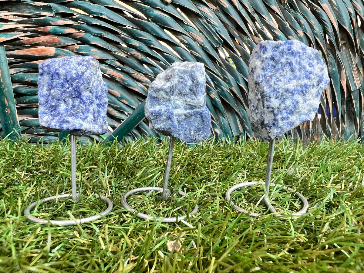 Natural Raw Sodalite Crystal Display with Metal Stand | Communication, Intuition & Clarity | Approx. 8 cm