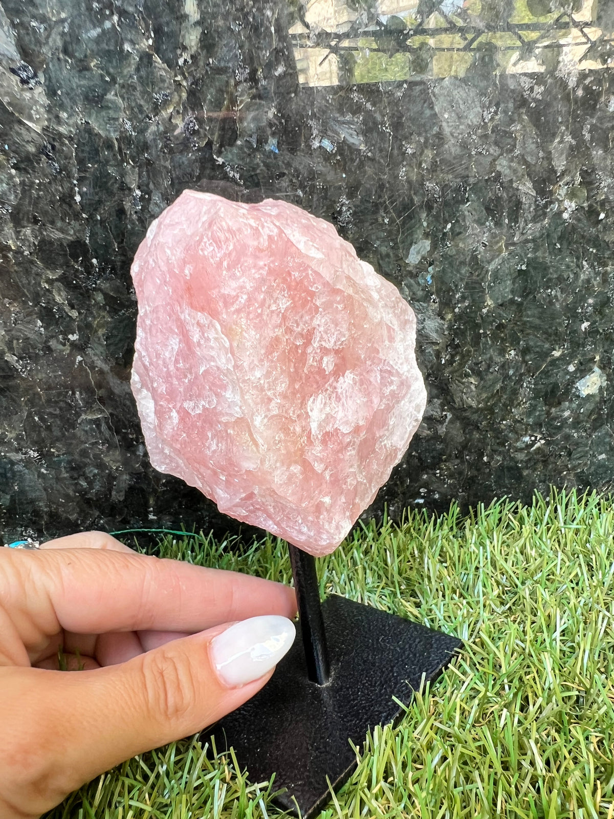 Natural Rose Quartz on Metal Stand – 515 g