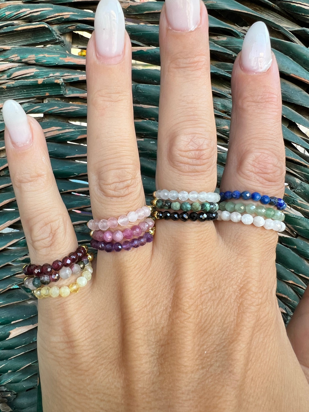 Natural Gemstone & Brass Elastic Ring – Faceted 3 mm Crystal Beads