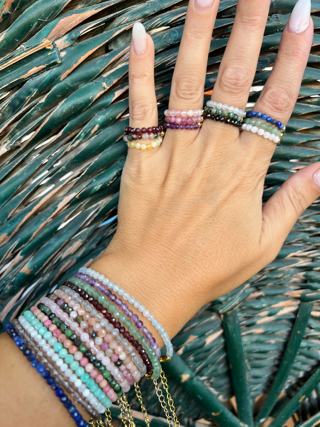 Natural Gemstone & Brass Elastic Ring – Faceted 3 mm Crystal Beads