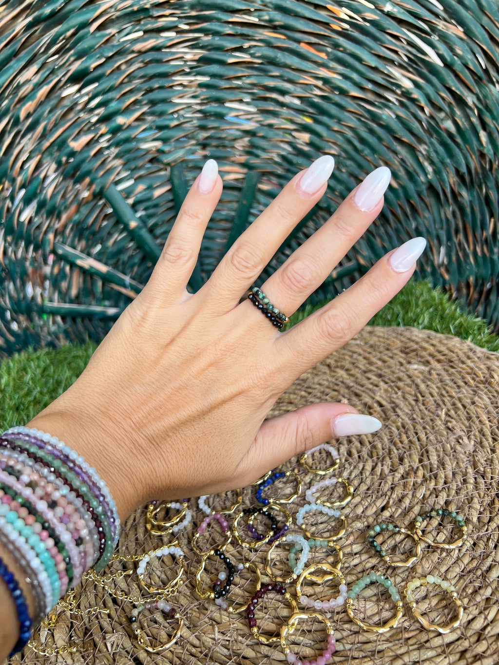 Natural Gemstone & Brass Elastic Ring – Faceted 3 mm Crystal Beads
