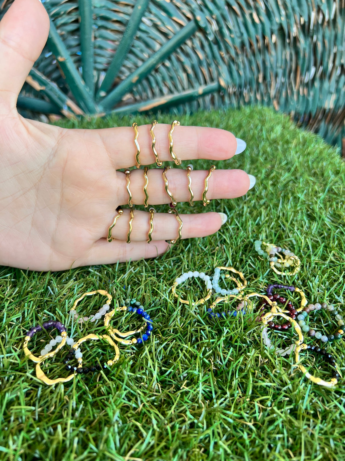 Natural Gemstone & Brass Elastic Ring – Faceted 3 mm Crystal Beads