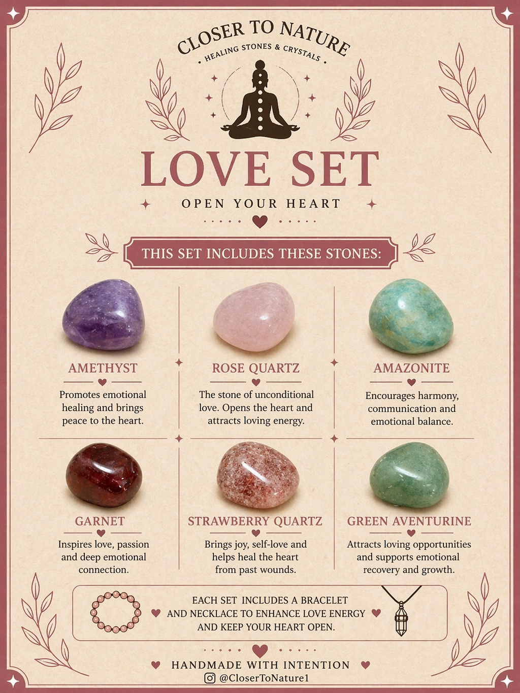 Love Intention Crystal Gift Set | Natural Love & Self-Love Healing Box with Bracelet & Necklace