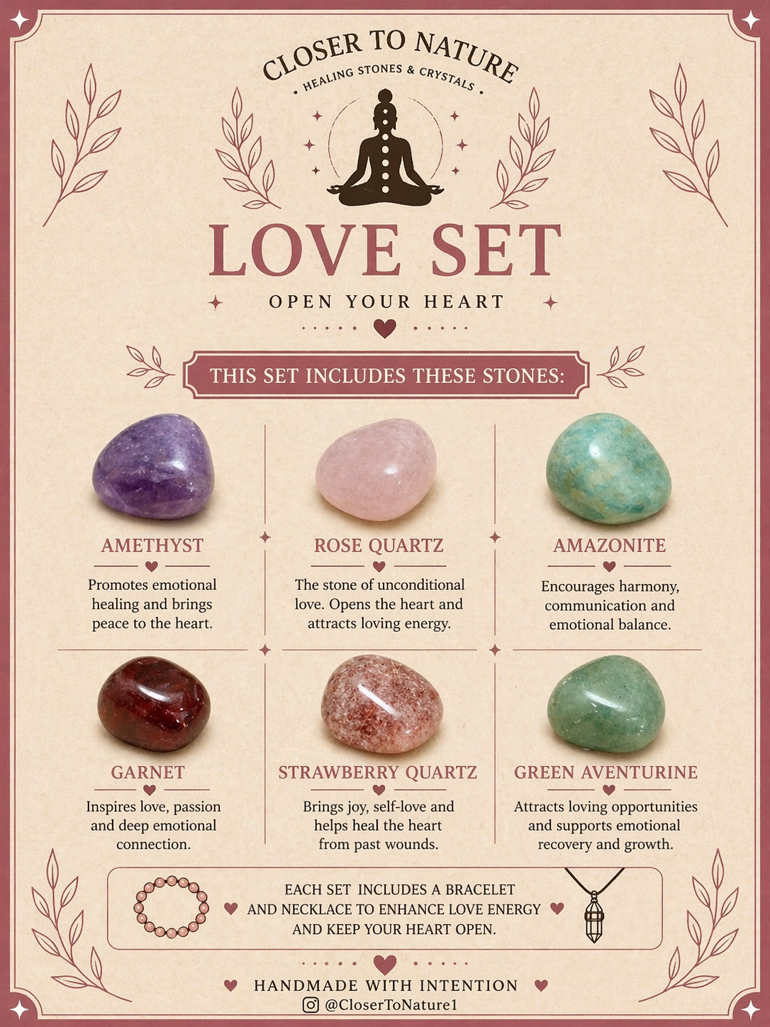 Love Intention Crystal Gift Set | Natural Love & Self-Love Healing Box with Bracelet & Necklace