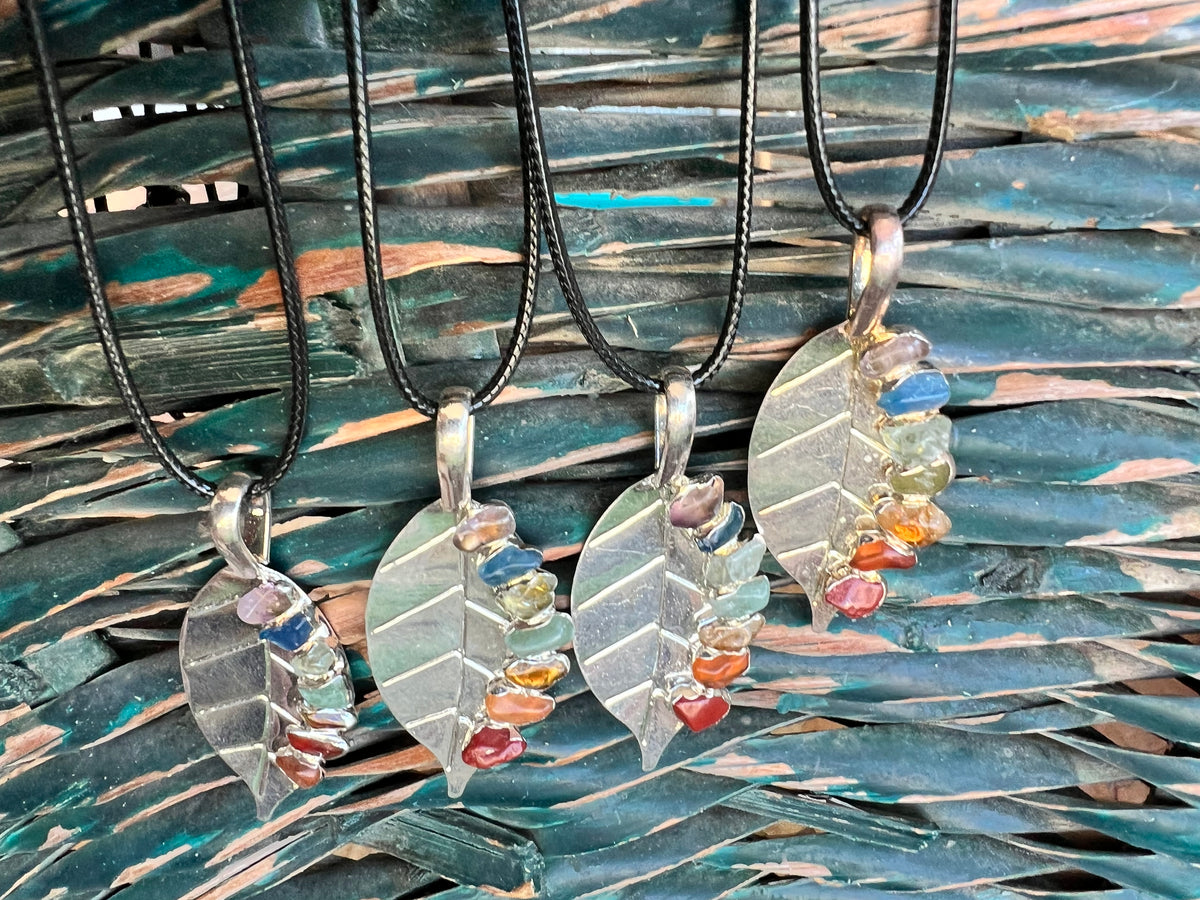 Seven Chakra Genuine Gemstone Leaf Necklace | Silver-Tone Tree Leaf Pendant | Chakra Balance & Energy