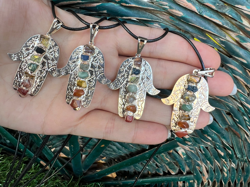 Seven Chakra Genuine Gemstone Hamsa Necklace | Silver-Tone Hand Pendant | Protection, Good Luck & Balance
