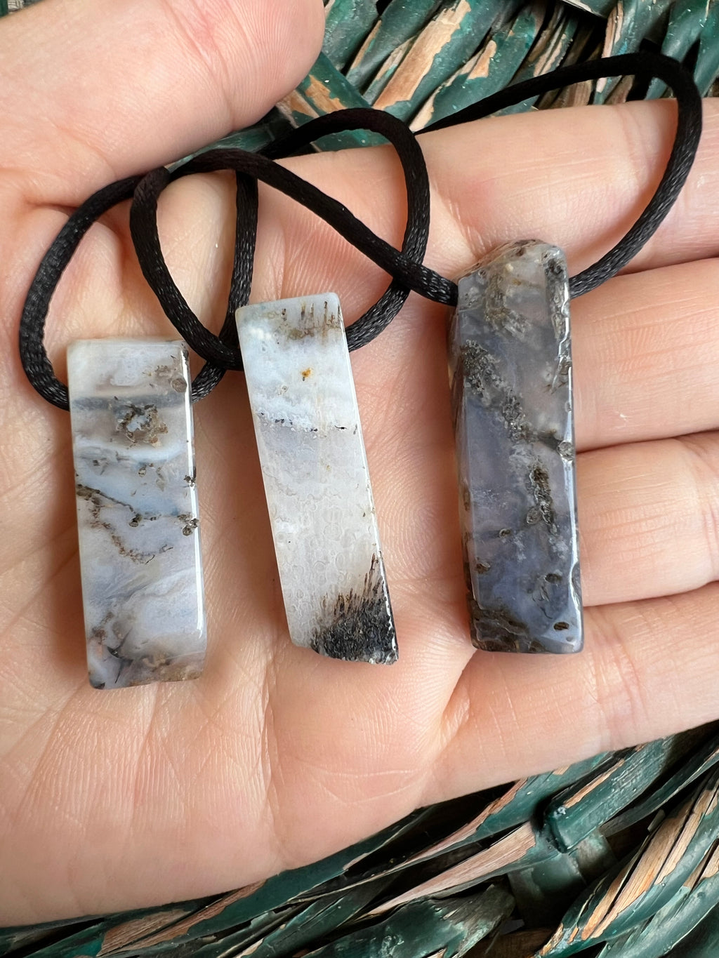 Natural Moss Agate Rectangle Bar Necklace – Adjustable Cord