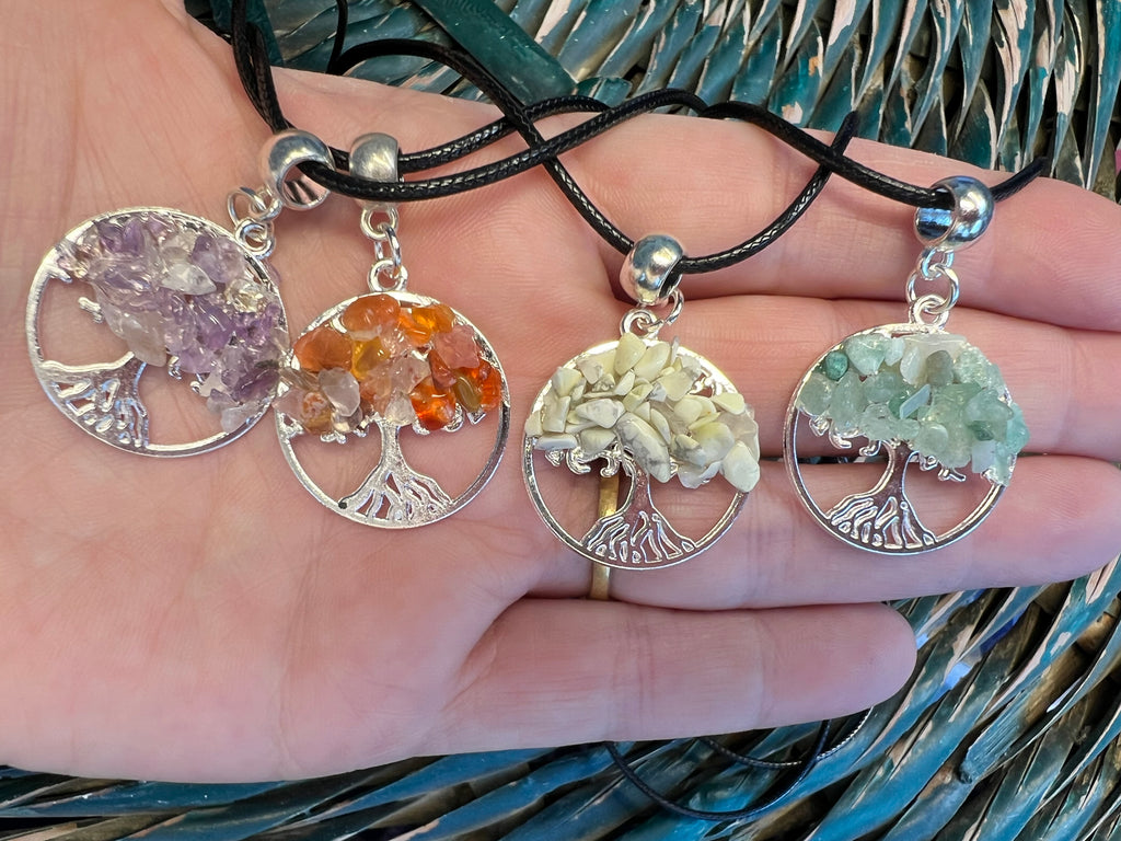 Natural Tree of Life Crystal Necklace – Choose Your Stone (Adjustable Cord)
