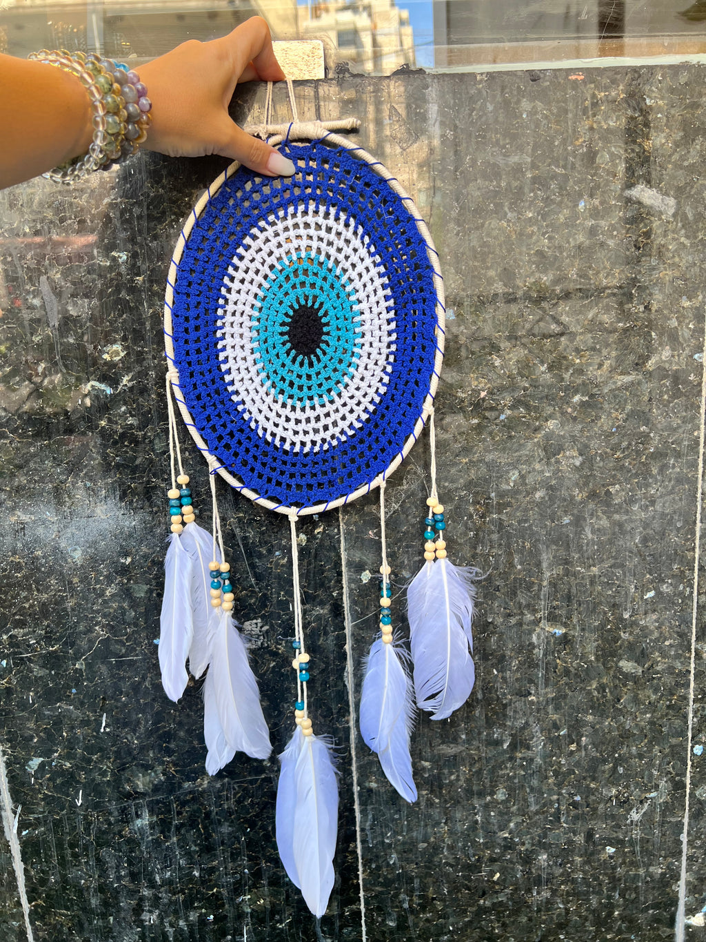 Evil Eye Dream Catcher – Protection, Peace & Positive Energy | Blue & White