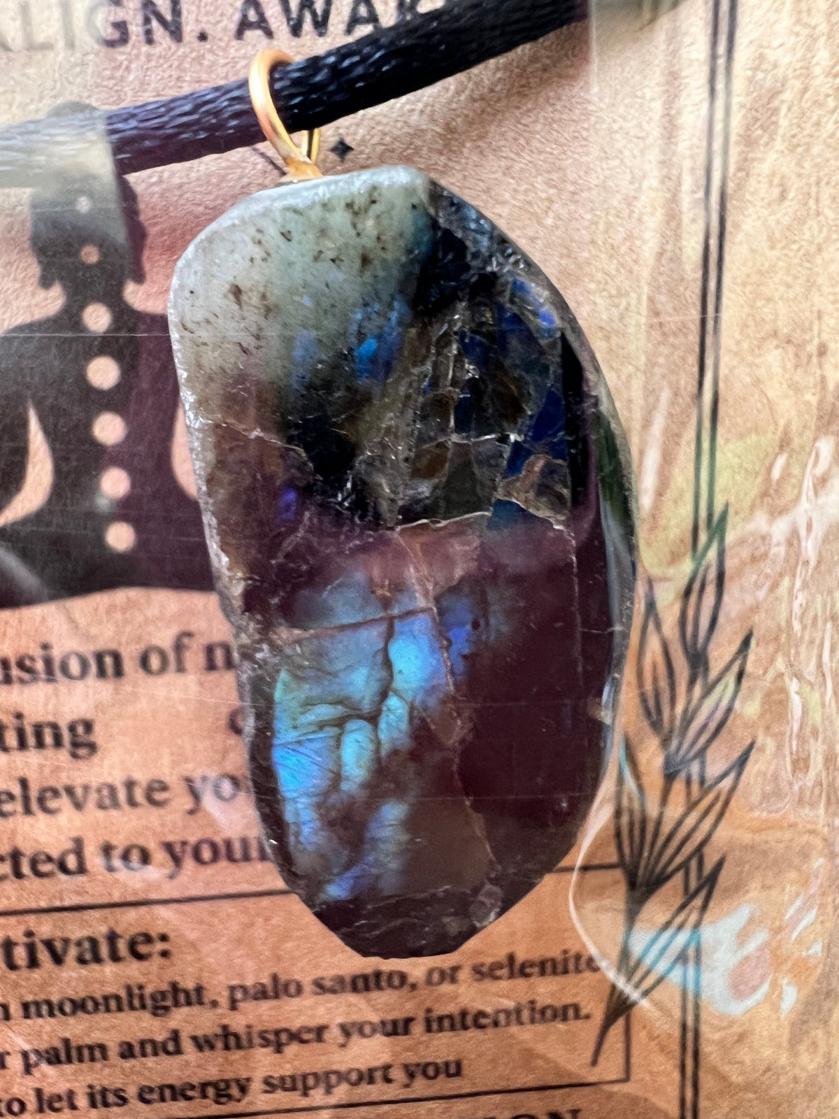 Natural Raw Labradorite Pendant Necklace – Adjustable Cord