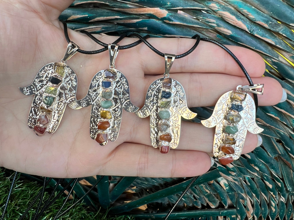 Seven Chakra Genuine Gemstone Hamsa Necklace | Silver-Tone Hand Pendant | Protection, Good Luck & Balance