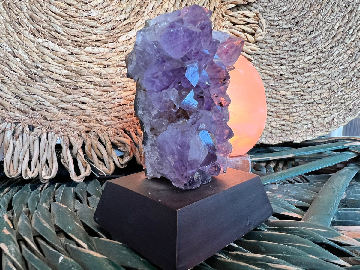 Natural Amethyst Cluster on Wooden Base