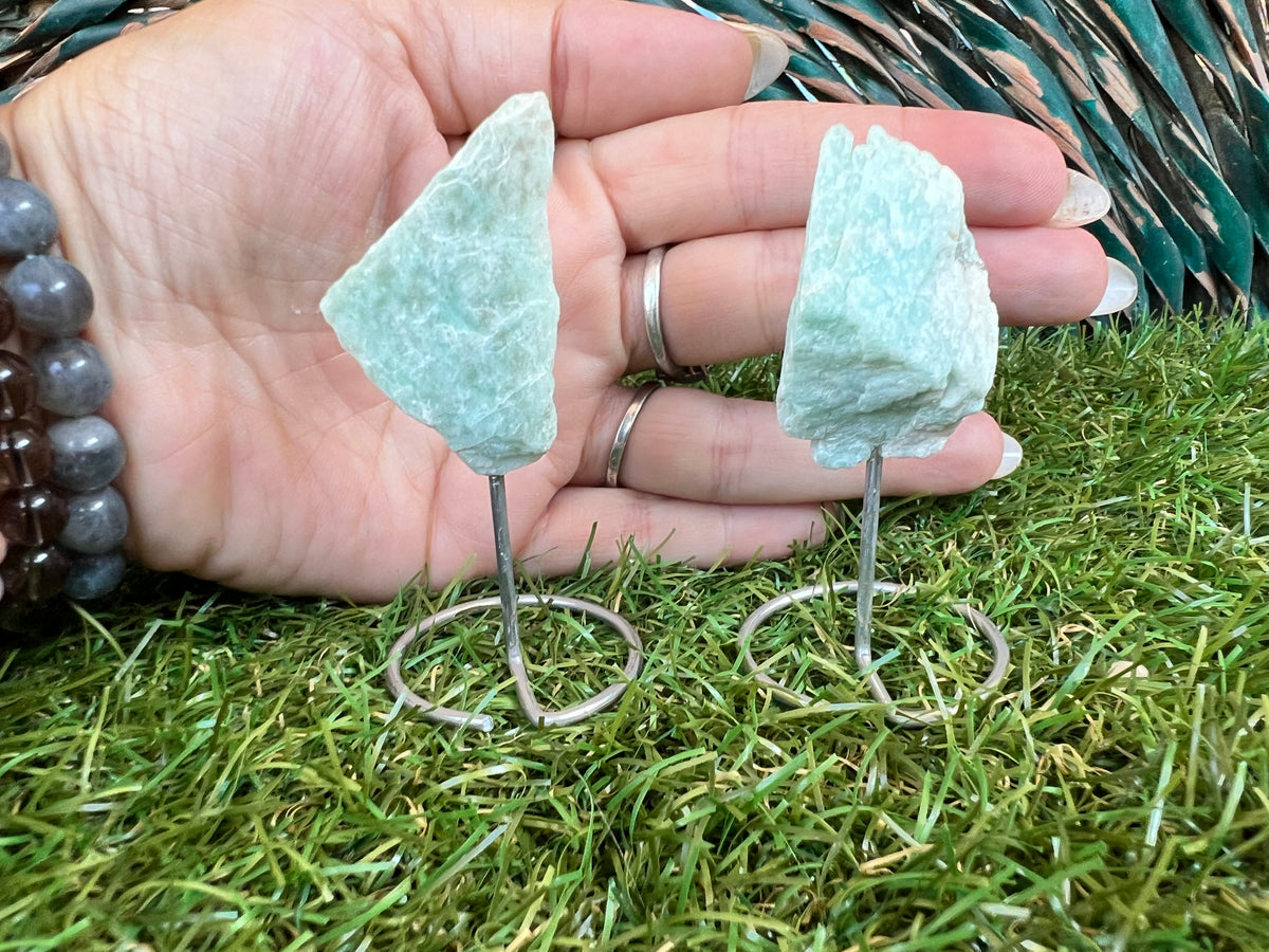 Natural Raw Amazonite on Metal Stand | Crystal Display | Approx. 8 cm | Communication, Calm & Confidence