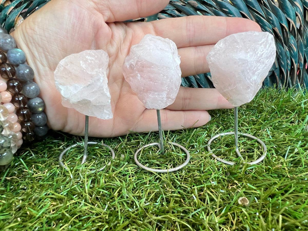 Natural Raw Rose Quartz on Metal Stand | Crystal Display | Approx. 8 cm | Love, Harmony & Emotional Healing
