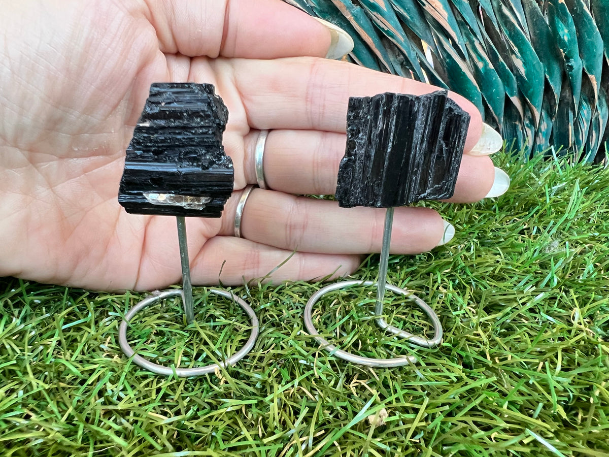 Natural Raw Black Tourmaline on Metal Stand | Crystal Display | Approx. 8 cm | Protection, Grounding & Energy Shielding